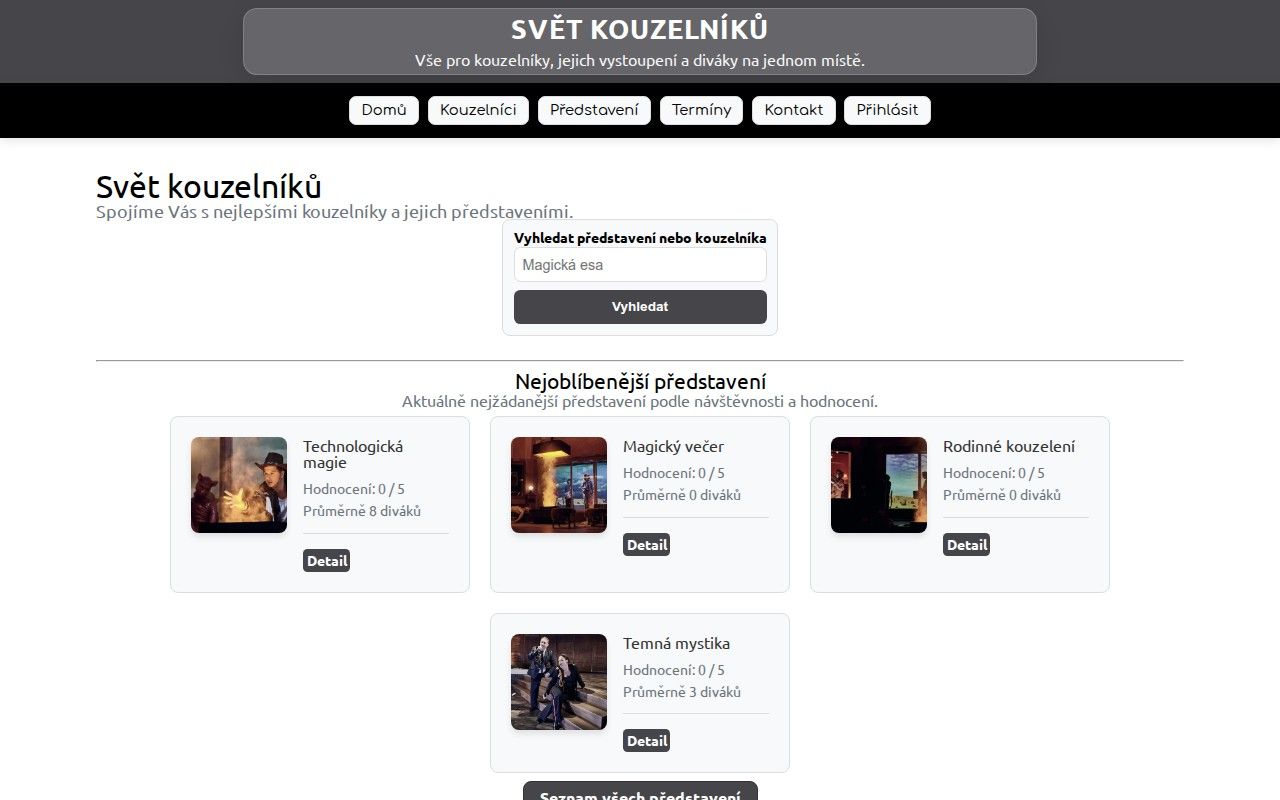 Úvodní stránka aplikace Svět kouzelníků s nejoblíbenějšími představeními